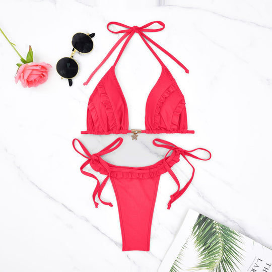 Damen Triangel-Bikini mit Rüschendetails und verstellbaren Bindebändern R&B