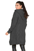 Damen Langer Strickmantel mit elegantem Zopfmuster und Kapuze R&B