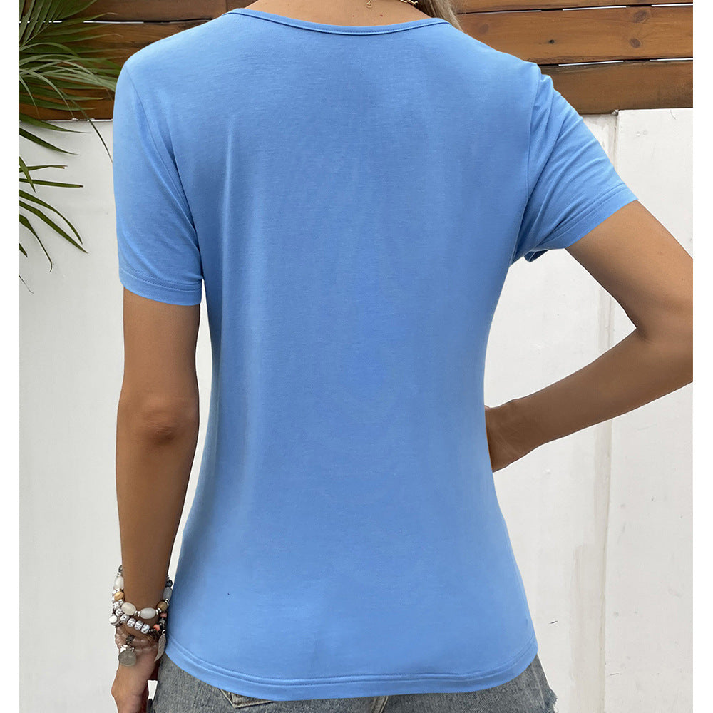Damen V-Ausschnitt T-Shirt mit Spitzenbesatz und Holzknopfdetail R&B