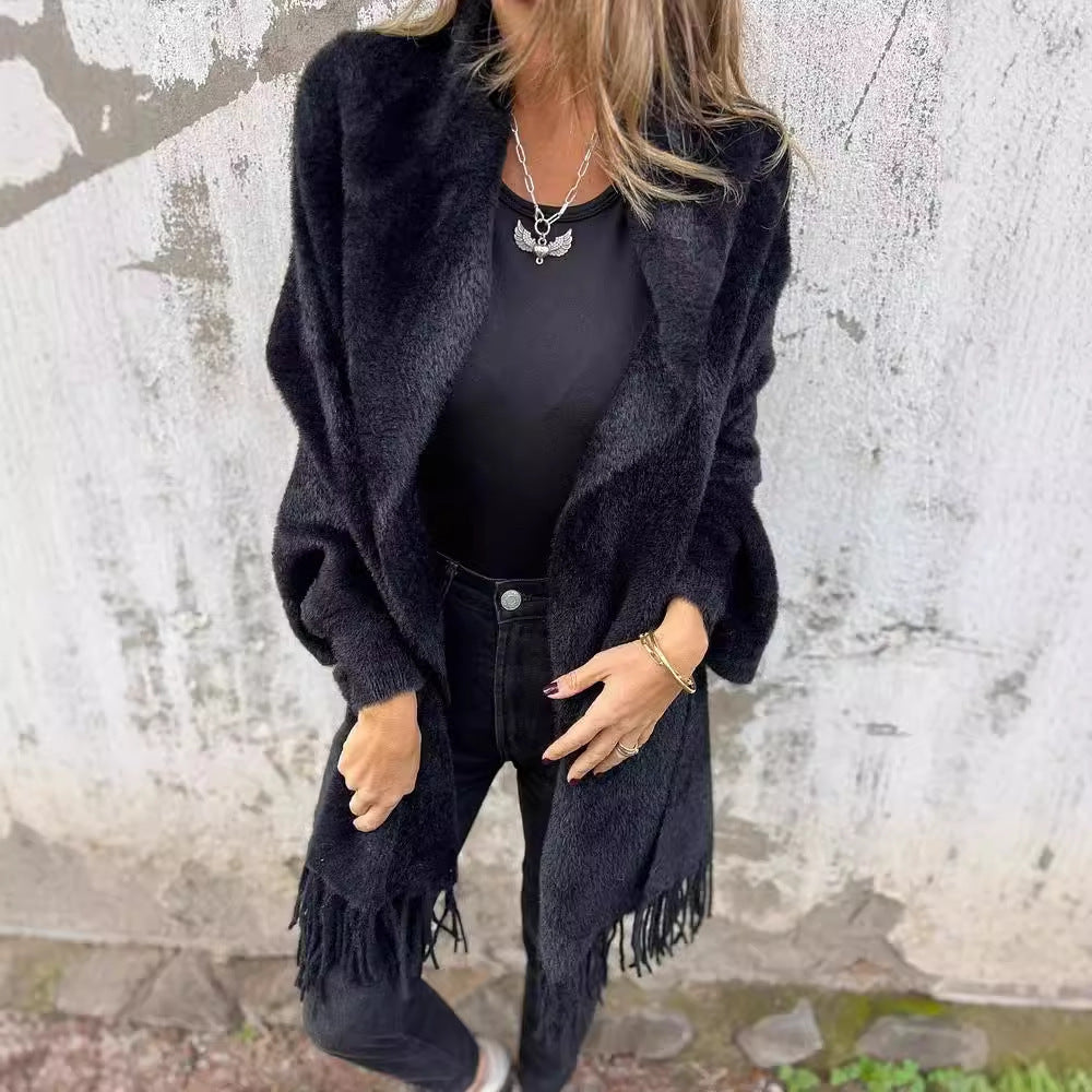 Damen Kuscheliger Strickponcho mit Fransen R&B