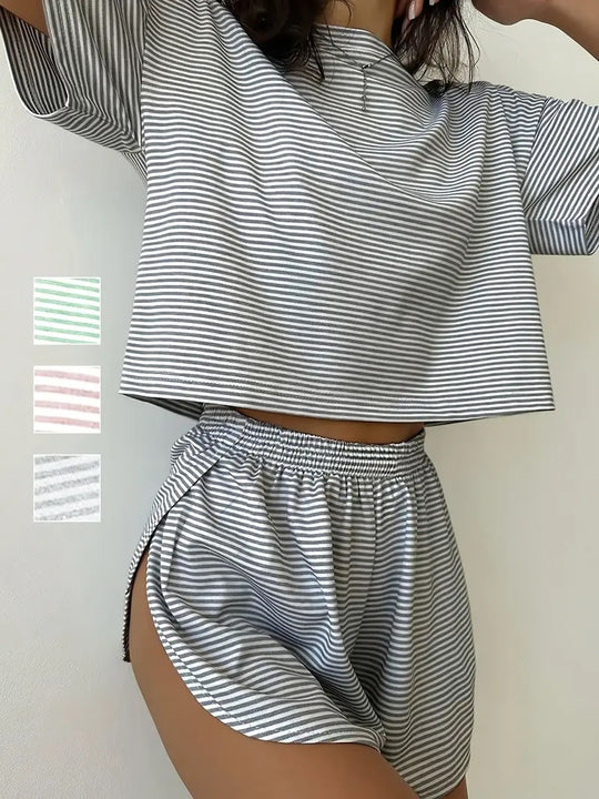 Damen lässiges Set aus T-Shirt und Shorts mit seitlichen Schlitzen R&B