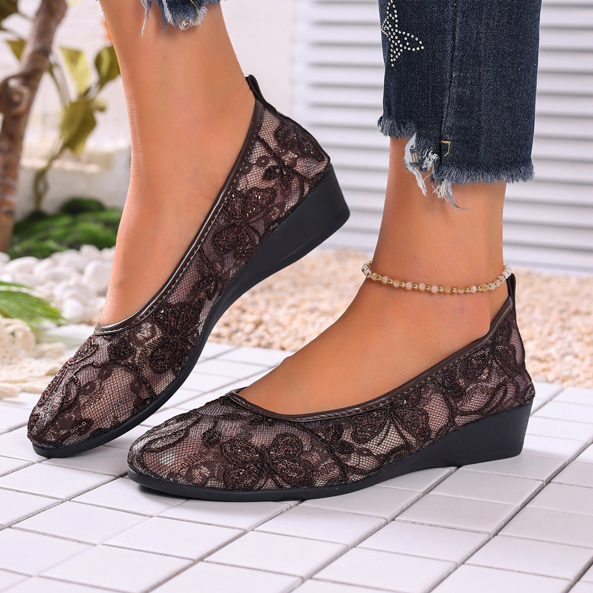 Damen Ballerinas mit filigranem Spitzenbesatz und rutschfester Sohle R&B