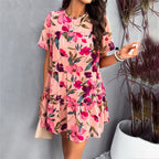 Damen Blütenmuster Freizeitkleid mit Rüschensaum und kurzen Ärmeln R&B