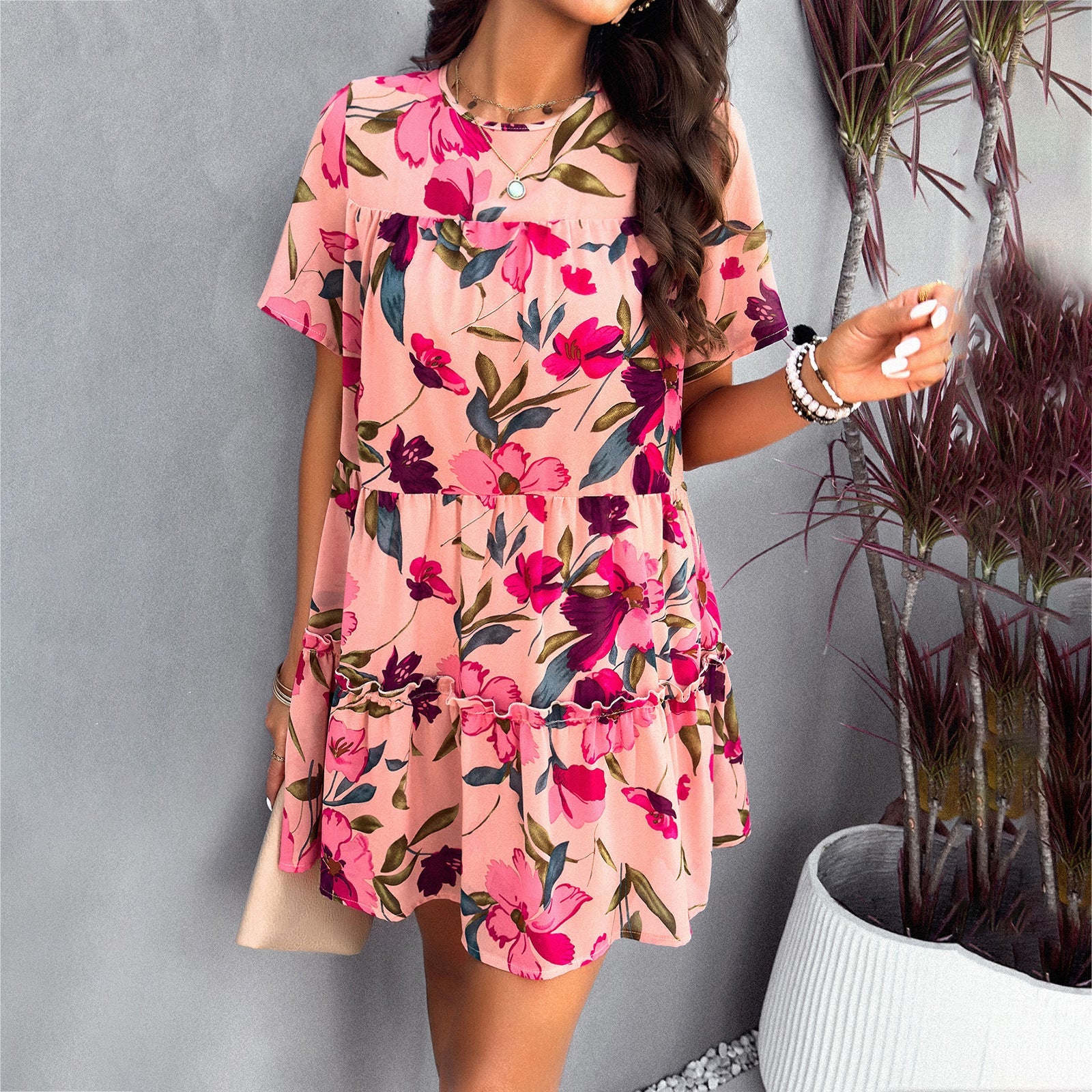 Damen Blütenmuster Freizeitkleid mit Rüschensaum und kurzen Ärmeln R&B