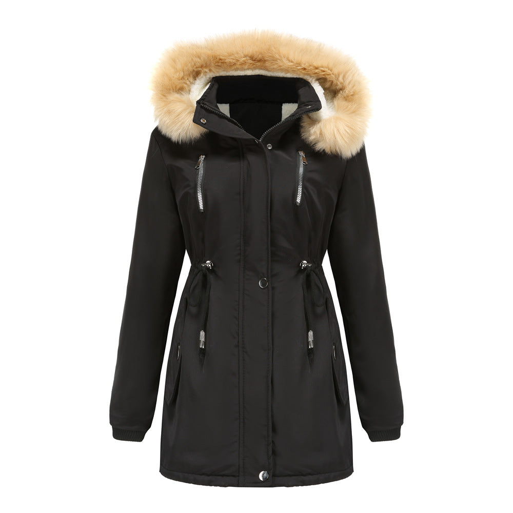 Damen modische Outdoor-Jacke mit abnehmbarem Kunstfellkragen und elastischem Taillenzug R&B