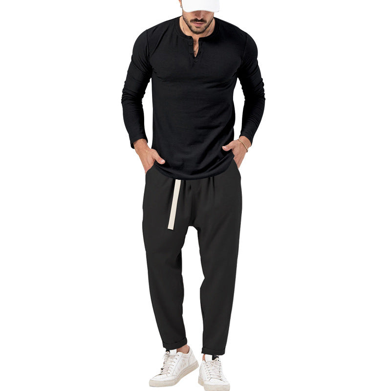 Herren lässiges Langarm-Henley-Shirt kombiniert mit eleganter Jogginghose R&B