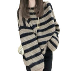 Damen Grobstrickpullover mit lässigem Streifenmuster und voluminösen Ärmeln R&B