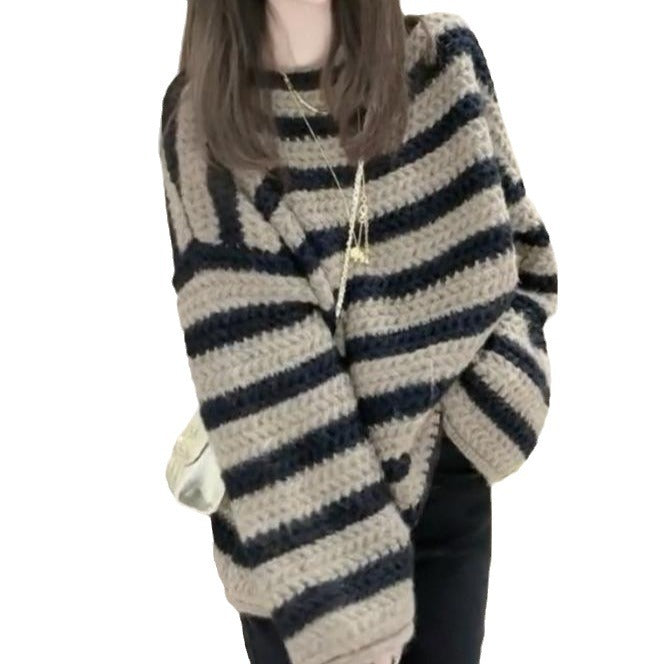 Damen Grobstrickpullover mit lässigem Streifenmuster und voluminösen Ärmeln R&B