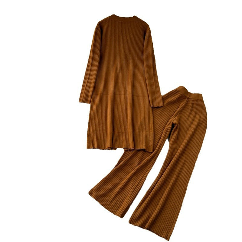 Damen elegantes Strickanzug mit V-Ausschnitt und weitem Bein R&B