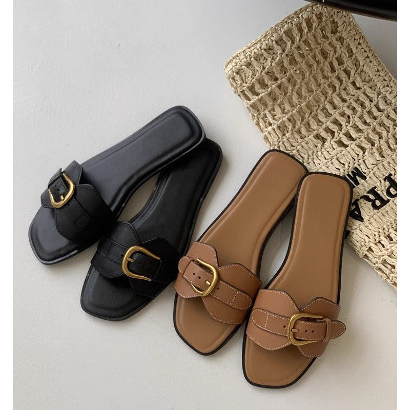 Damen modische Zehentrenner-Sandalen mit luxuriösem Schnallenakzent und bequemem Fußbett R&B