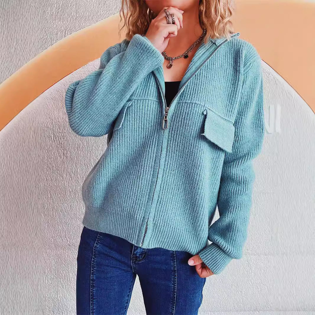 Damen lässige Strickjacke mit praktischen Taschen und hohem Kragen R&B