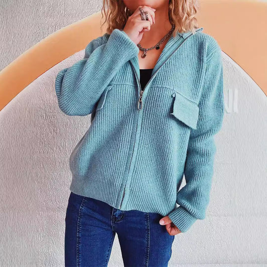 Damen lässige Strickjacke mit praktischen Taschen und hohem Kragen R&B