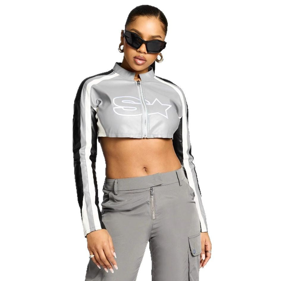 Damen cropped Sportjacke mit stylischem Reißverschluss und kontrastierenden Streifen R&B