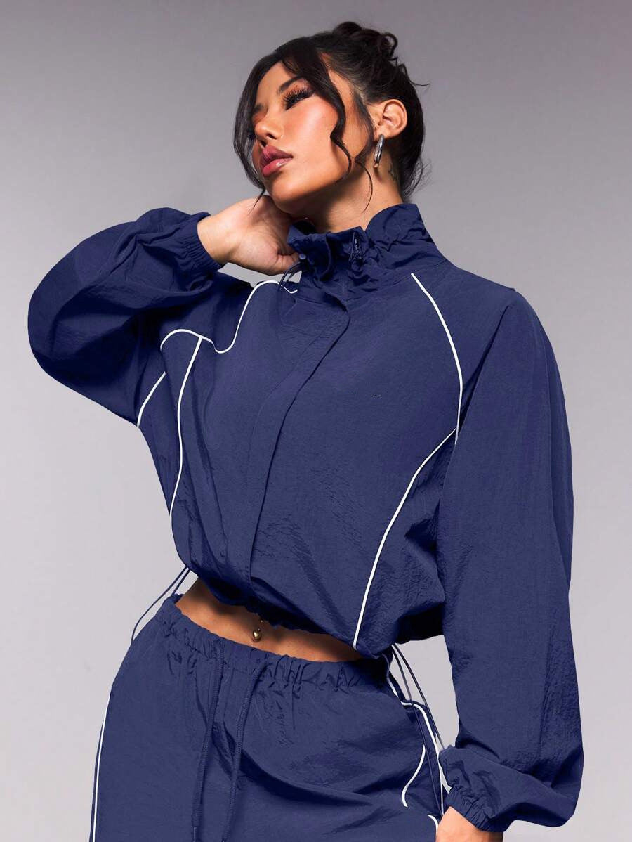 Damen sportliches Windbreaker-Oberteil mit elastischem Bund und modernem Reißverschluss R&B