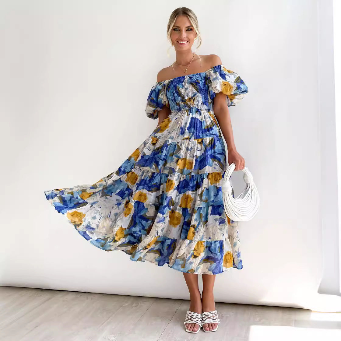Damen Off-Shoulder Maxikleid mit voluminösen Puffärmeln R&B