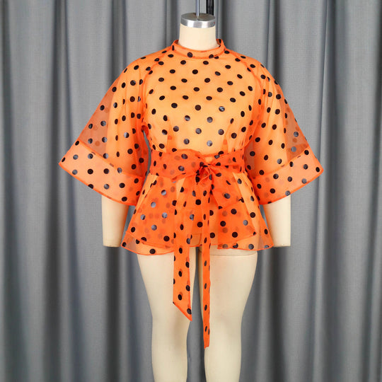 Damen Chiffonbluse mit transparentem Polka-Dots-Design und tailliertem Bindegürtel R&B