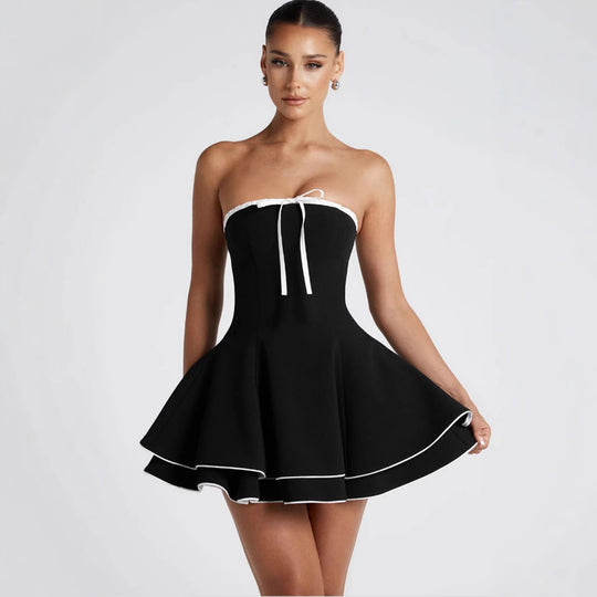 Damen Strapless Freizeitkleid mit voluminösem Schnitt und dekorativem Bindeband R&B