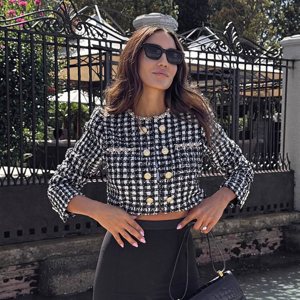 Damen Modische Tweed-Jacke mit goldenen Knöpfen R&B