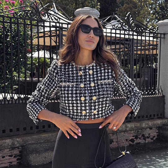 Damen Modische Tweed-Jacke mit goldenen Knöpfen R&B