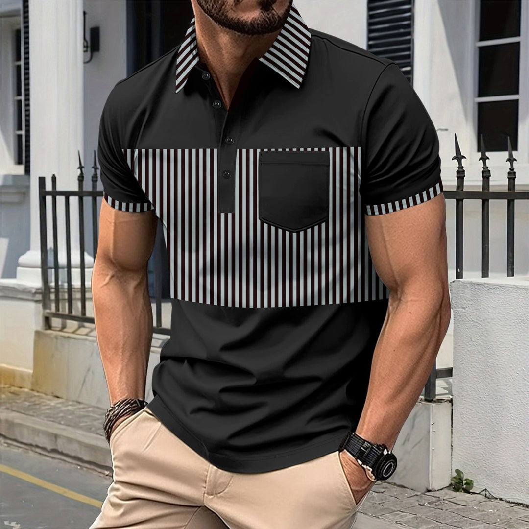 R&B | Tasche Knopf Revers gestreiftes Farbschema T-Shirt