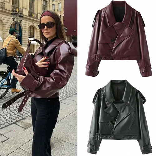 Damen coole cropped Kunstlederjacke mit asymmetrischem Kragen und modischem Design R&B