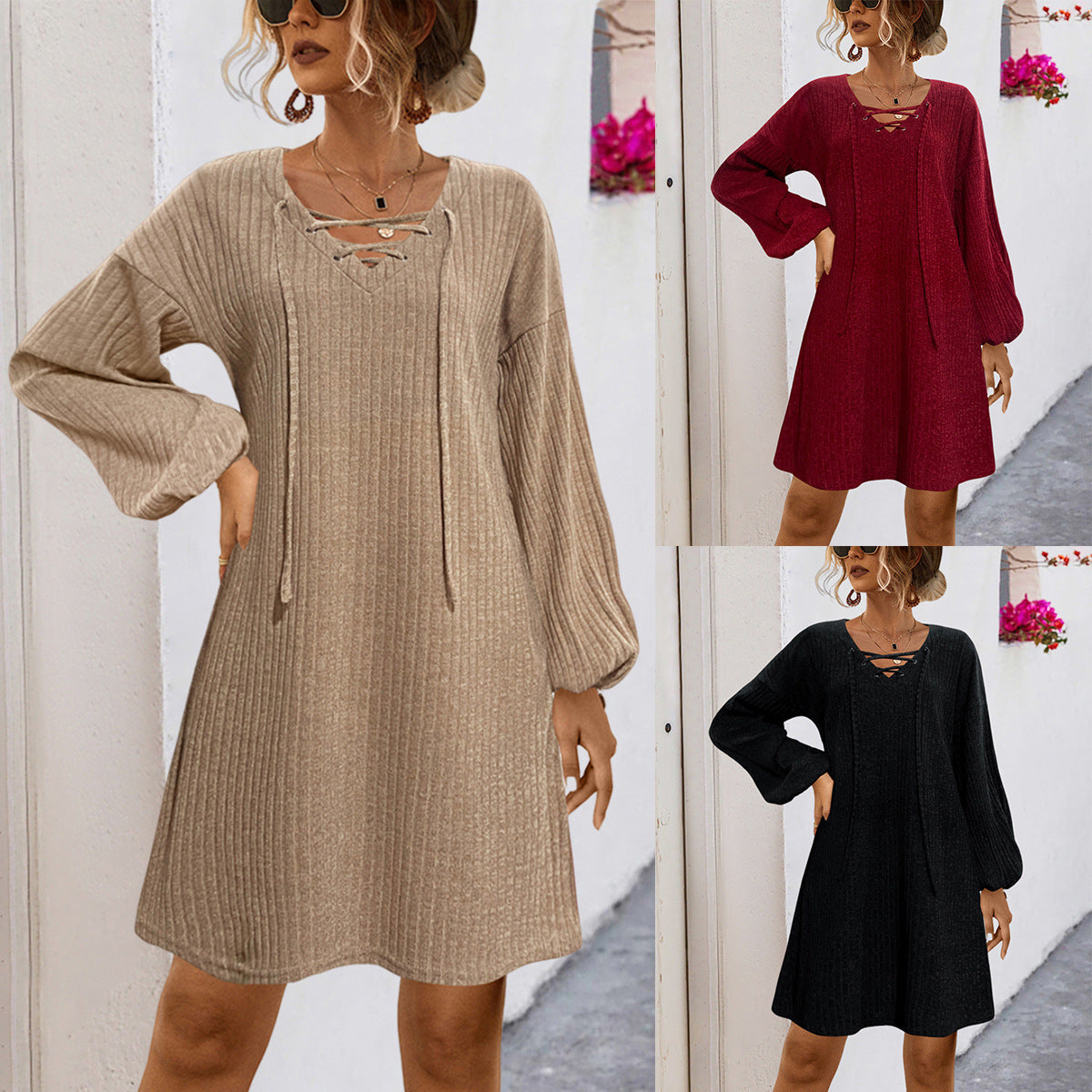 Damen Legeres Strickkleid mit romantischem Schnürdesign R&B