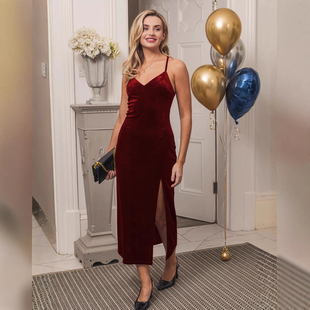 Damen Samt-Midi-Kleid mit tiefem V-Ausschnitt und seitlichem Schlitz R&B