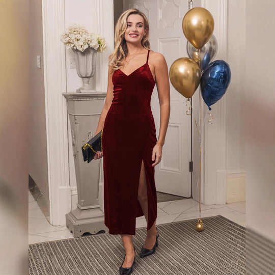 Damen Samt-Midi-Kleid mit tiefem V-Ausschnitt und seitlichem Schlitz R&B