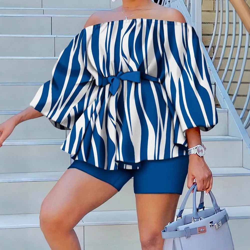 Damen Off-Shoulder Tunika mit weiten Ärmeln und elastischem Taillenband R&B
