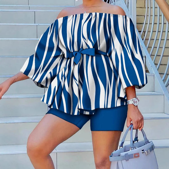 Damen Off-Shoulder Tunika mit weiten Ärmeln und elastischem Taillenband R&B
