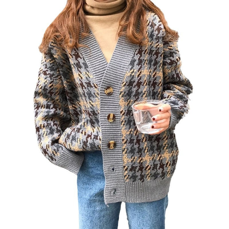Damen Strickjacke im Hahnentritt-Design mit großen Holzknöpfen R&B