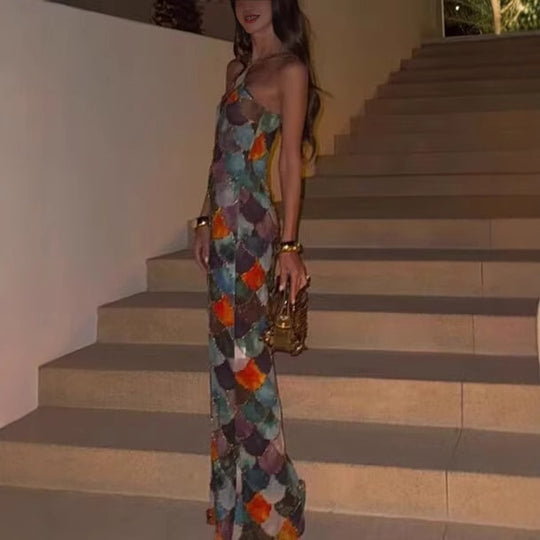 Damen Maxikleid aus fließendem Chiffon mit maritimem Schuppenmuster R&B