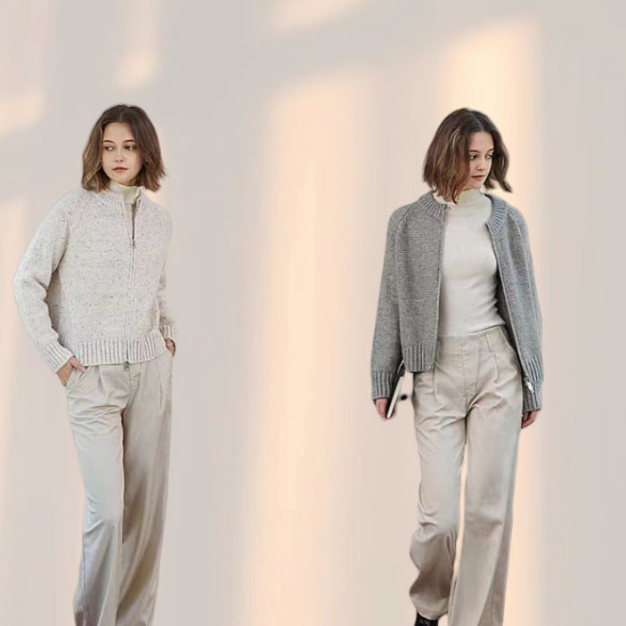 Damen lässiger Strickjacke mit hochgeschlossenem Reißverschluss und voluminösen Ärmeln R&B
