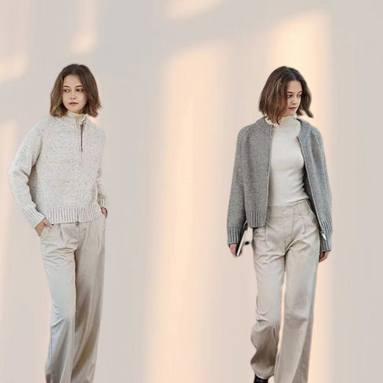 Damen lässiger Strickjacke mit hochgeschlossenem Reißverschluss und voluminösen Ärmeln R&B