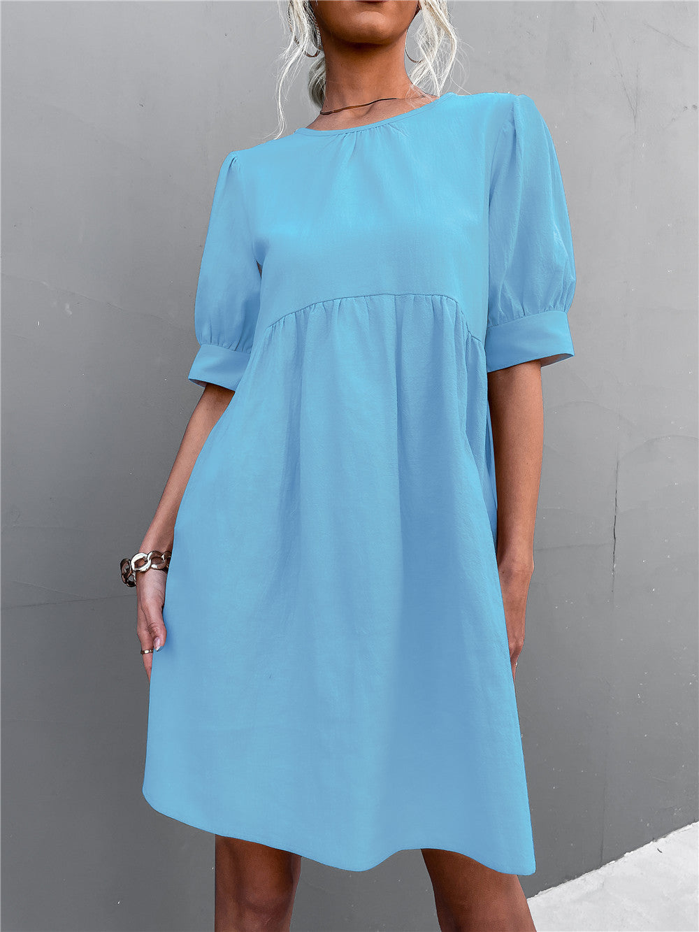 Damen lässiges Kurzarmkleid mit elastischem Bund und voluminösen Ärmeln R&B
