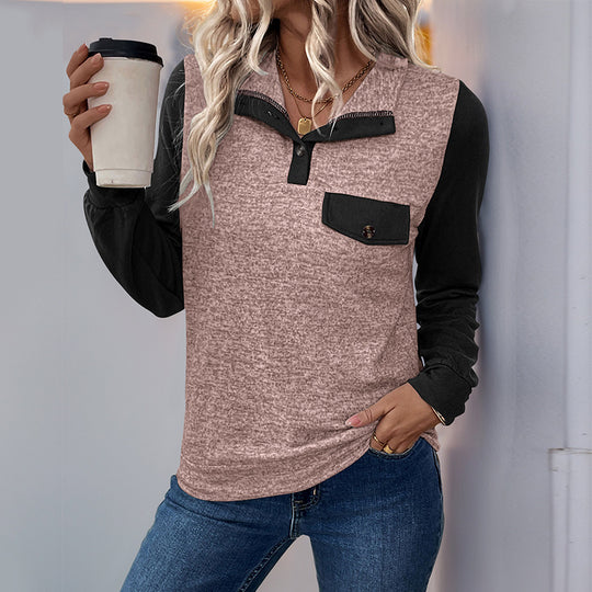 Damen modischer Langarm-Pullover mit praktischer Brusttasche und Knopfleiste R&B