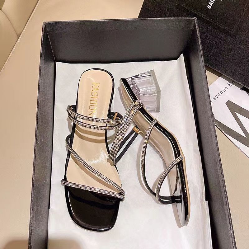Damen elegante High-Heel Sandalen mit verziertem Riemendesign und transparentem Blockabsatz R&B