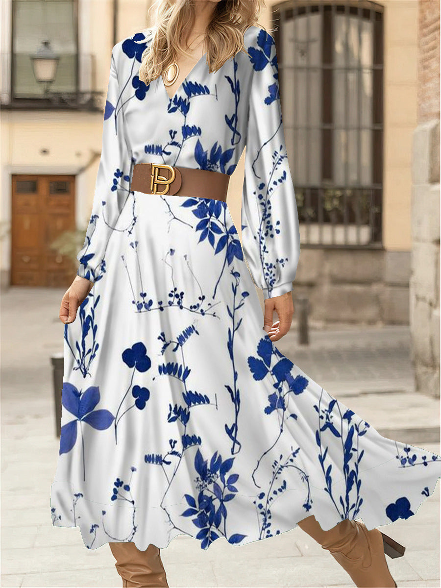 Damen Maxikleid mit floralen Mustern und eleganter V-Ausschnitt-Detailierung