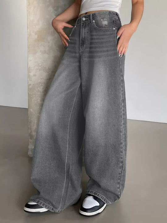Damen Weite Jeanshose im lässigen Urban-Style mit hohem Taillenbund R&B
