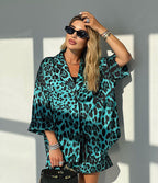 Damen Satin-Kurzarmbluse mit Leopardenmuster und lässigem Schnitt R&B
