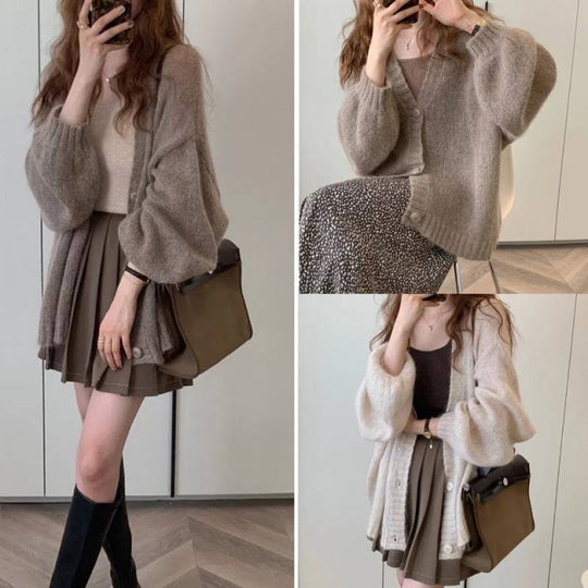 Damen Flauschiger Strickcardigan mit voluminösen Ärmeln und Knopfdetails R&B