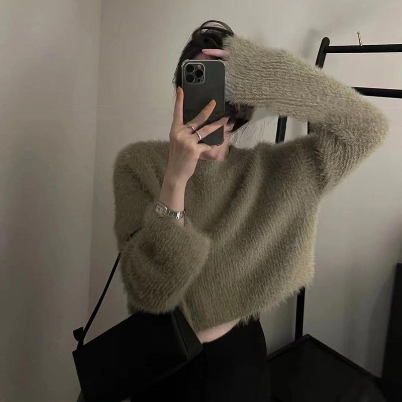 Damen modischer cropped Pullover mit weichem Flausch-Material R&B