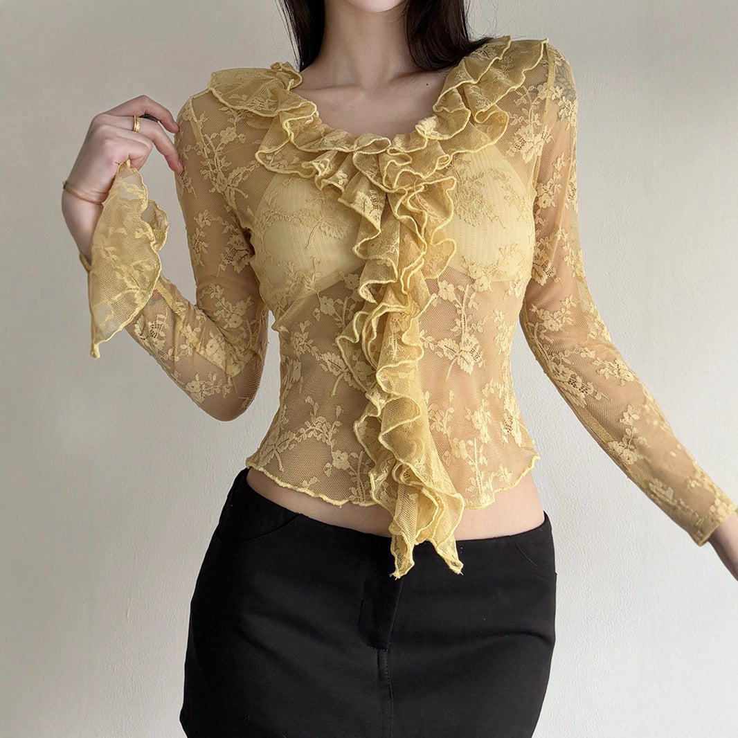 Damen Elegant verziertes Langarmoberteil aus Spitze mit Rüschen