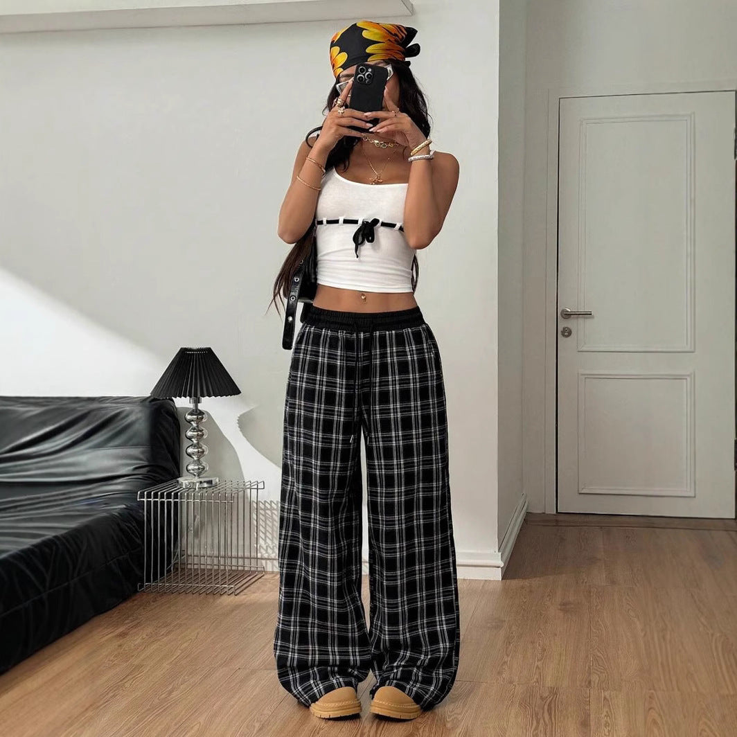 Damen weite Karohose mit elastischem Bund und seitlichen Taschen R&B