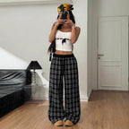 Damen weite Karohose mit elastischem Bund und seitlichen Taschen R&B