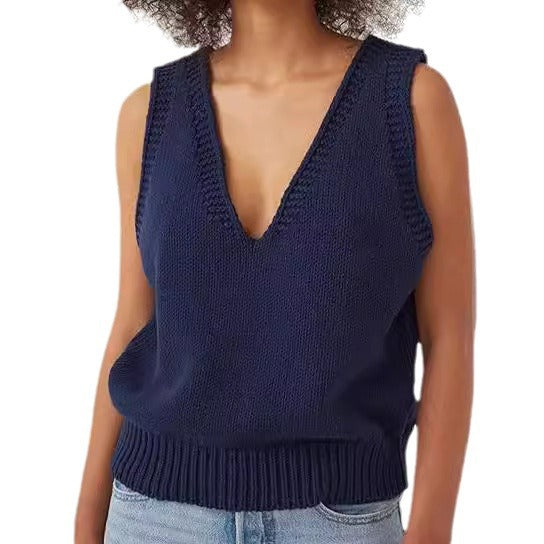 Damen Stricktop mit tiefem V-Ausschnitt und strukturiertem Abschluss R&B