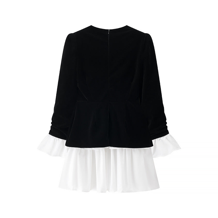 Damen festliches Kleid mit elegantem Schwarz-weiß-Design und Rüschenabschluss R&B