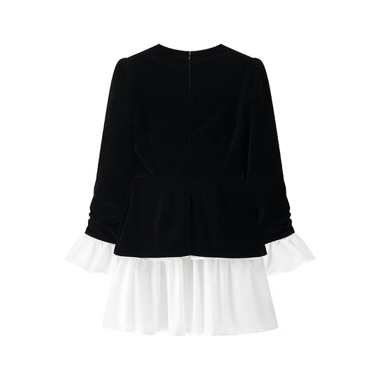 Damen festliches Kleid mit elegantem Schwarz-weiß-Design und Rüschenabschluss R&B
