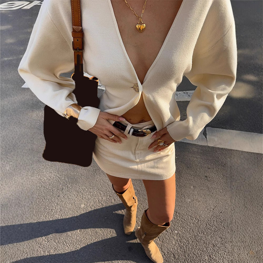 Damen modische Strickjacke mit knöpfbarem Design und weiten Ärmeln R&B