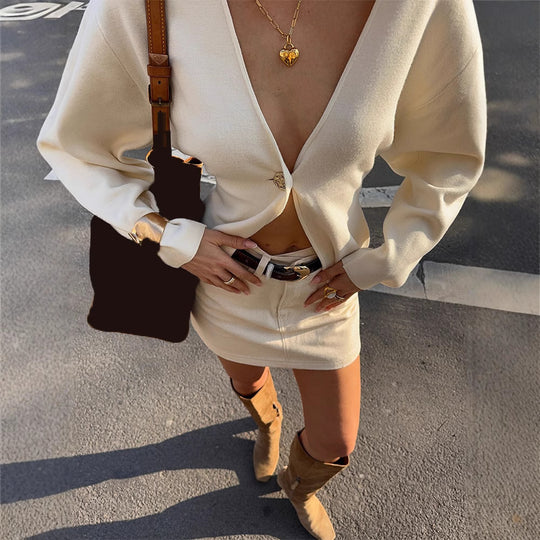 Damen modische Strickjacke mit knöpfbarem Design und weiten Ärmeln R&B